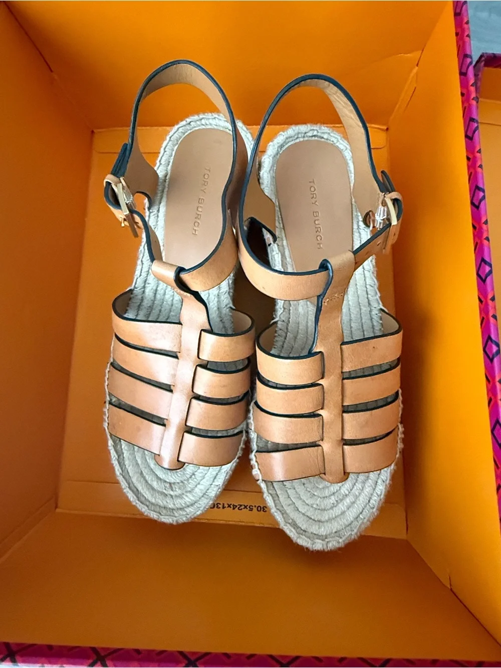 Tory Burch Cognac Leather Espadrille Sandals